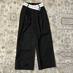 Commense Asymmetrical Contrast Waistband Wide Leg Pants Black/White